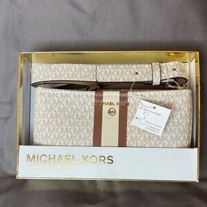 Michael Kors Cream and Brown Logo Stripe Belt Bag